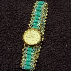 BAZZ DELUXE Gold-Tone Watch, Elastic Blue and Clear Beaded Wristband, Bz-1016